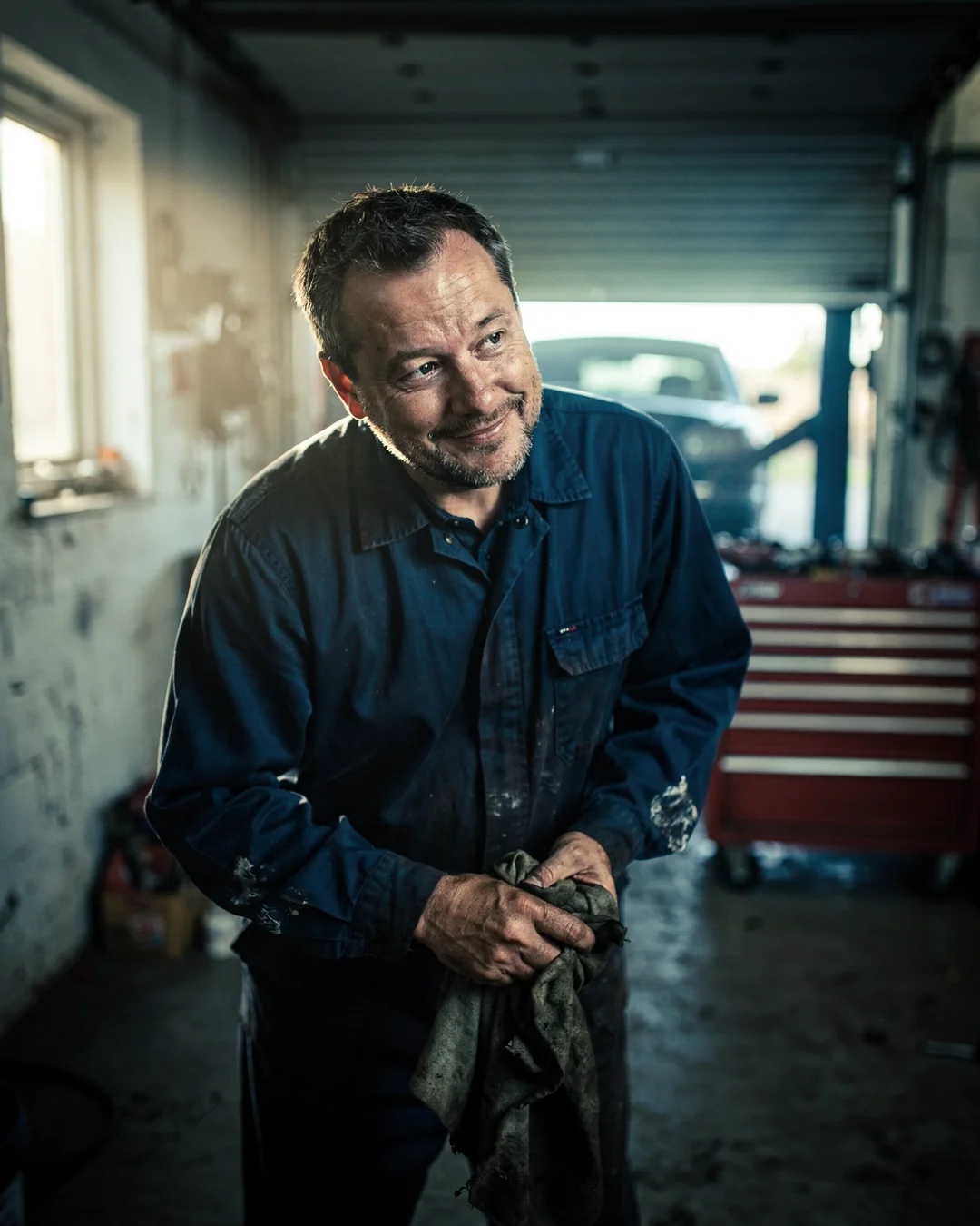 An independent UK garage owner in the workshop