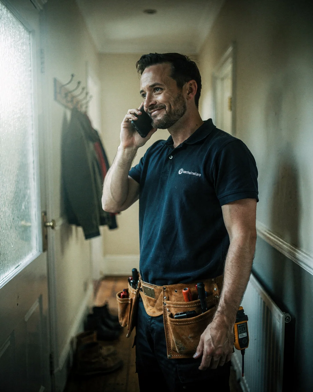 A UK electrician in a customer's hallway