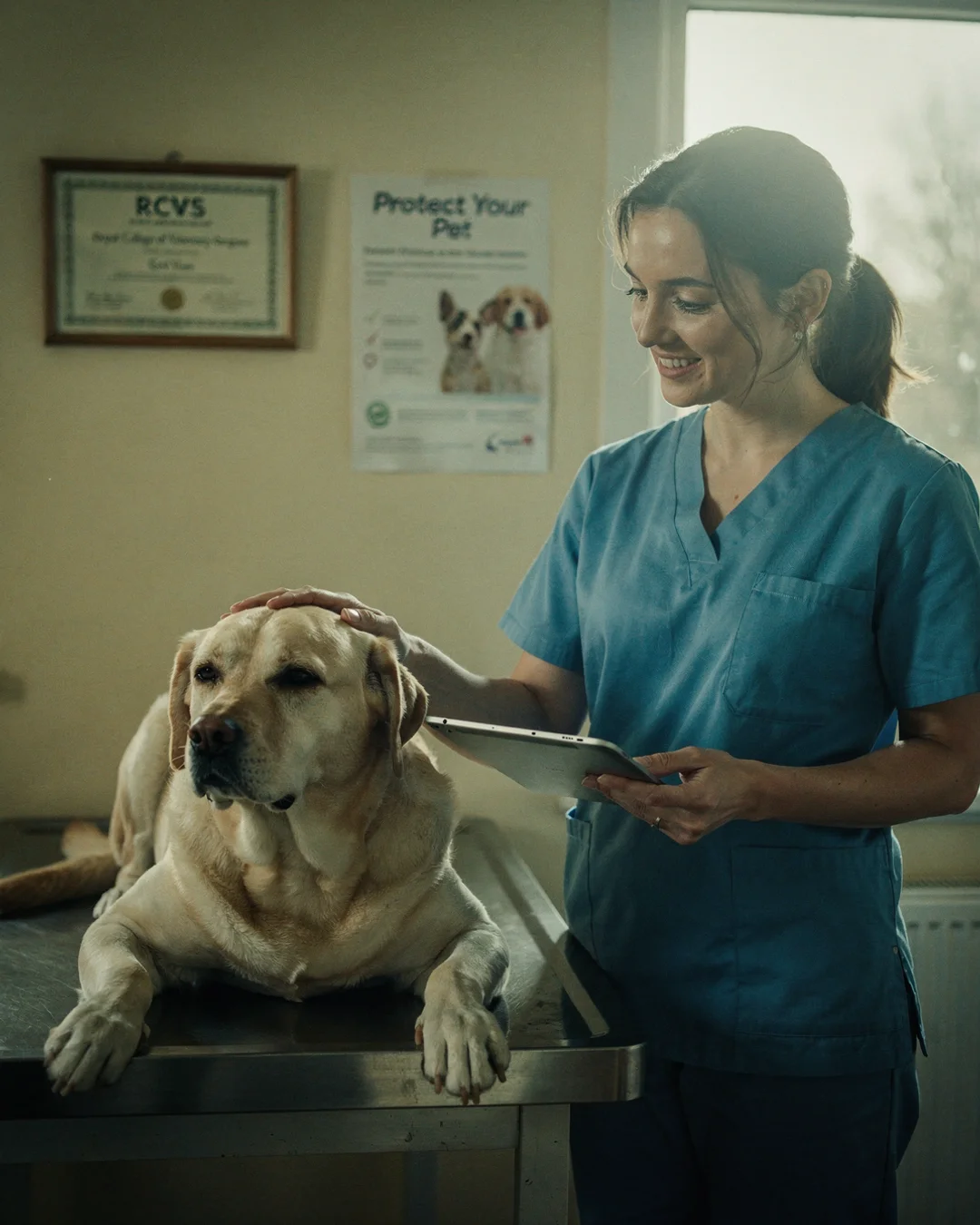 A UK veterinary surgeon in a consult room with a calm older labrador