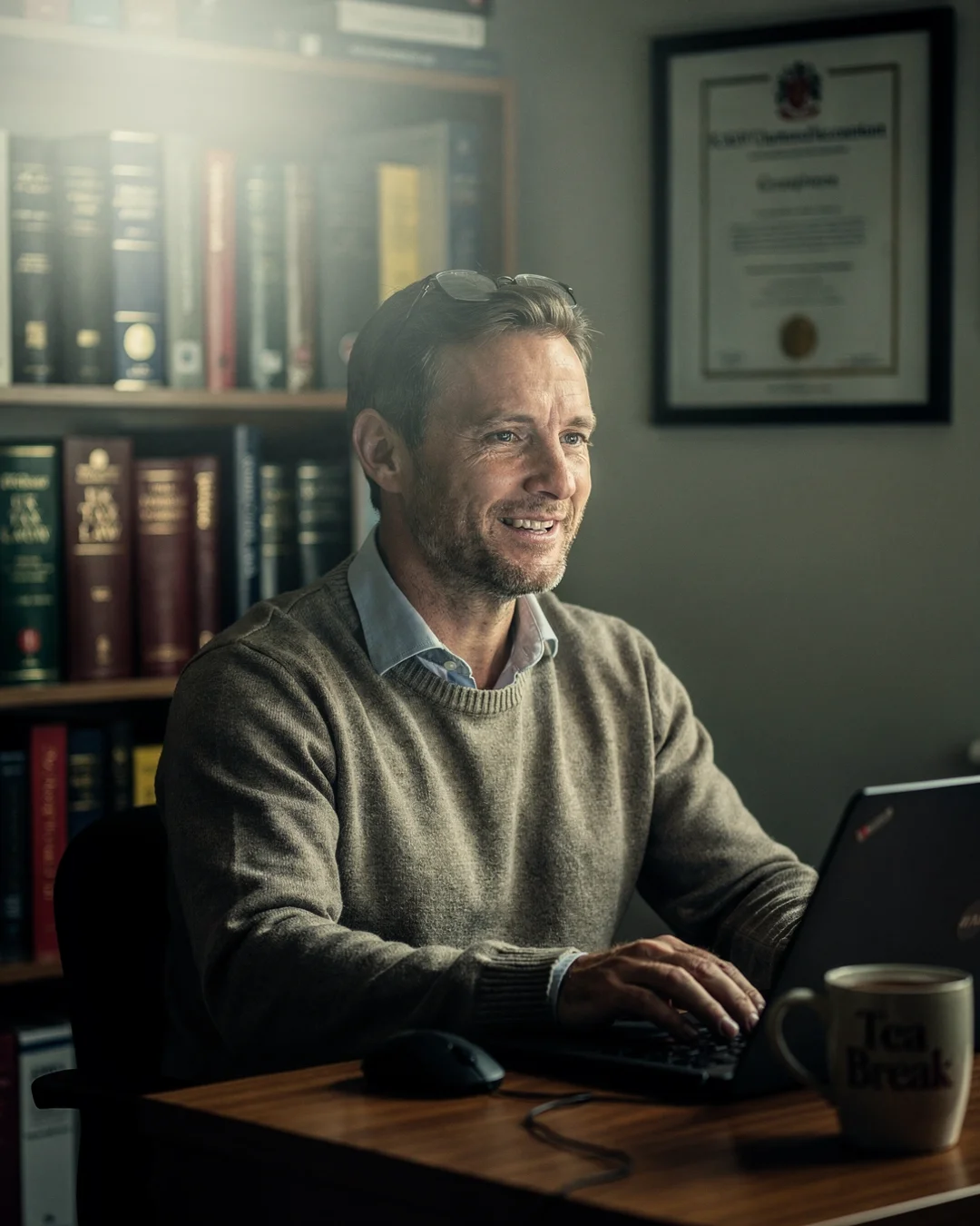 A UK chartered accountant at the desk of a small high-street office