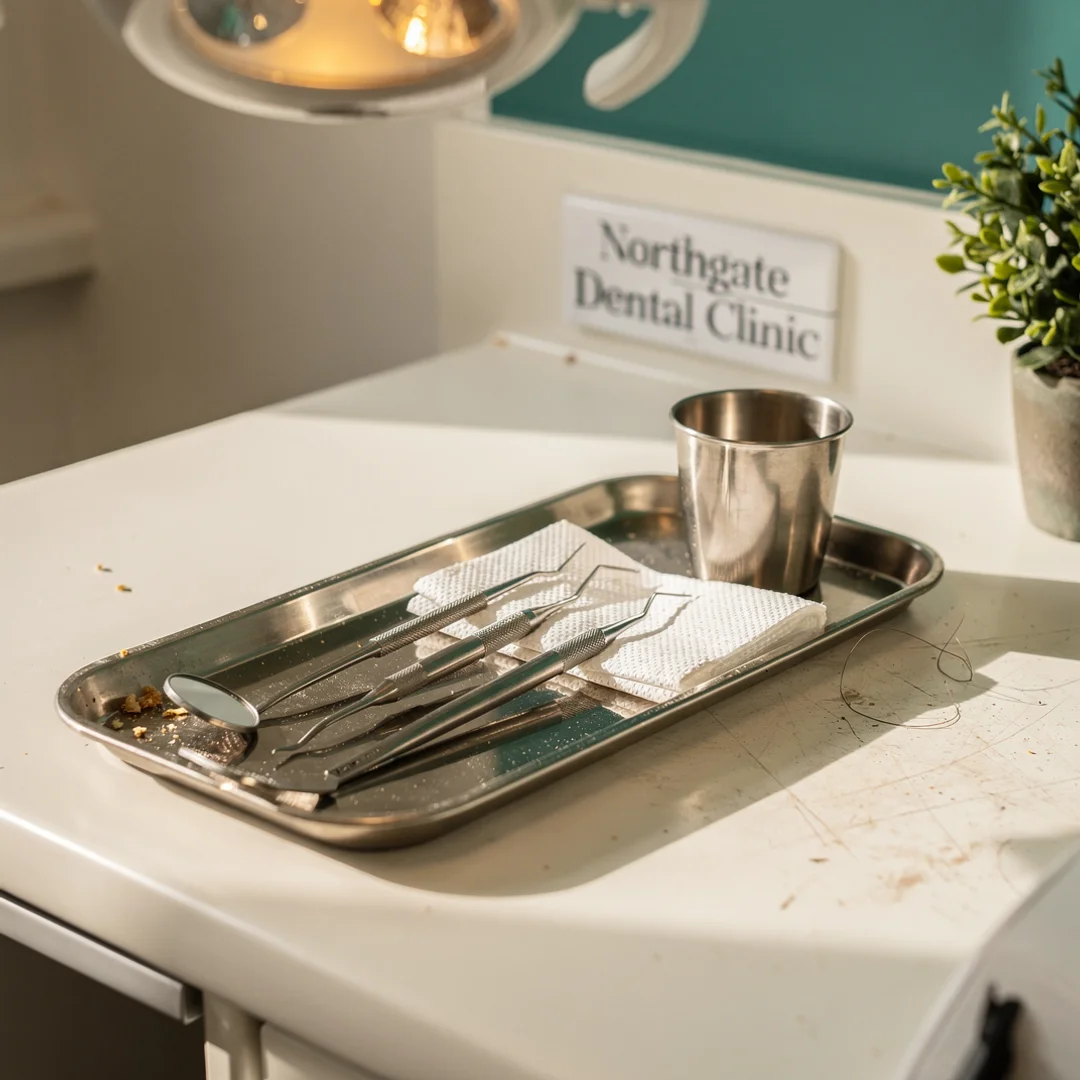 Dental instruments laid out on a treatment-room tray