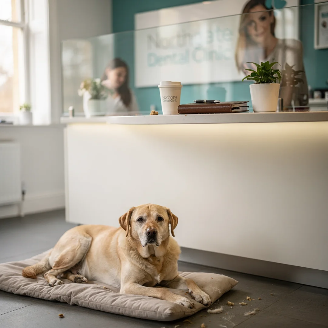 Behind the scenes at the Northgate reception with the practice dog